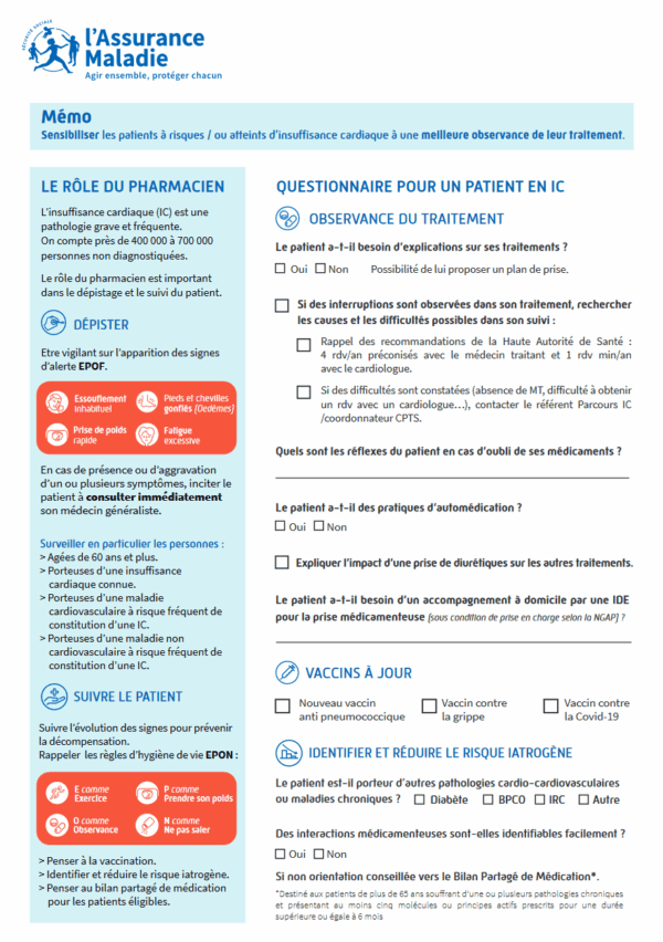 Mémo Insuffisance cardiaque "Sensibiliser les patients à risques ou atteints d’insuffisance cardiaque"